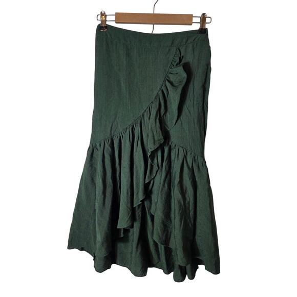 EMERSON LANG Green Ruffle Hi Low Asymmetrical Lightweight Midi Skirt SZ M - Picture 1 of 8